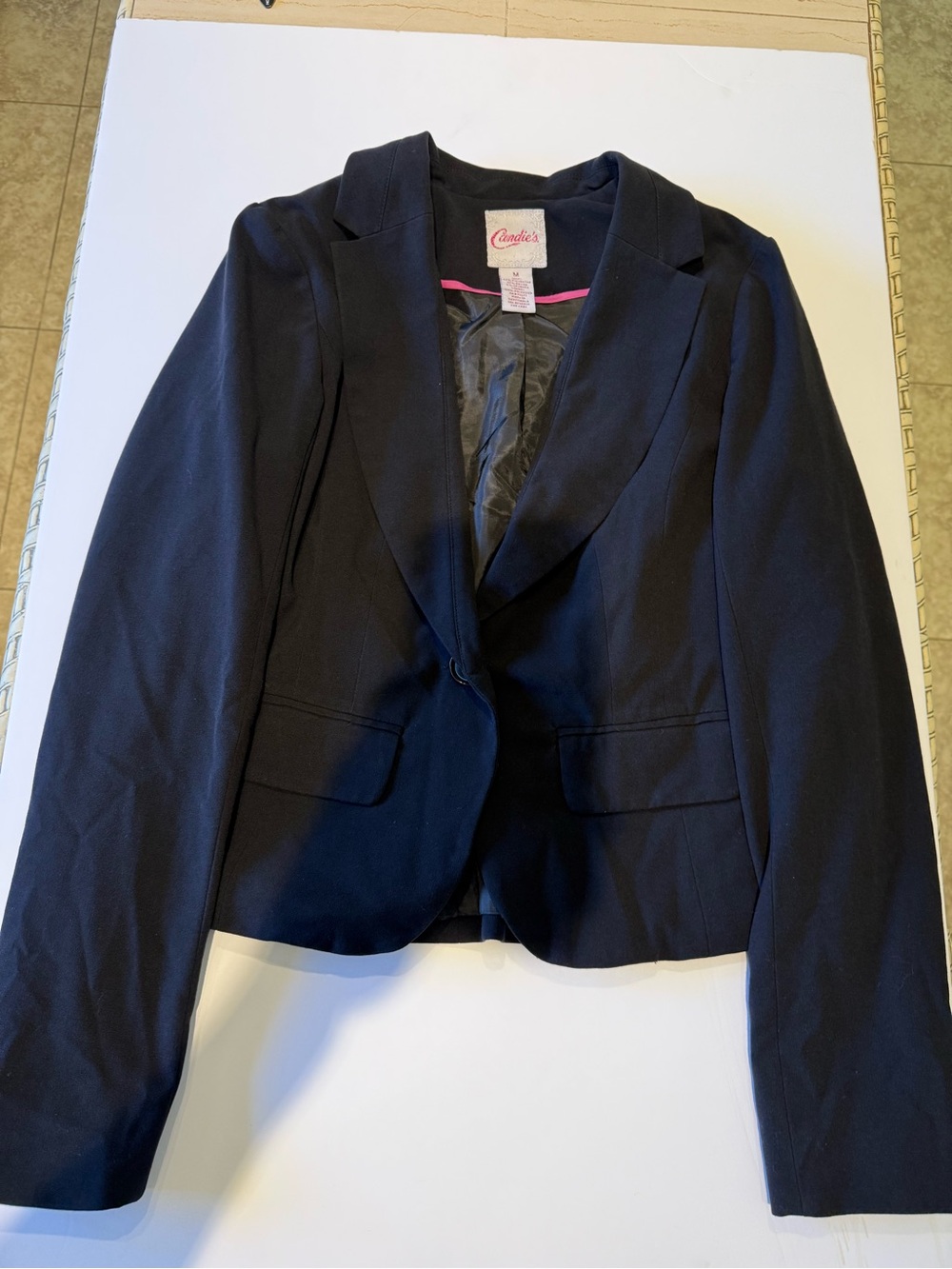 Candie’s Black Cropped Blazer M Single Button Shawl Lapel Stretch Jacket